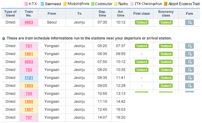 How to get to Jeonju from Seoul train sheet