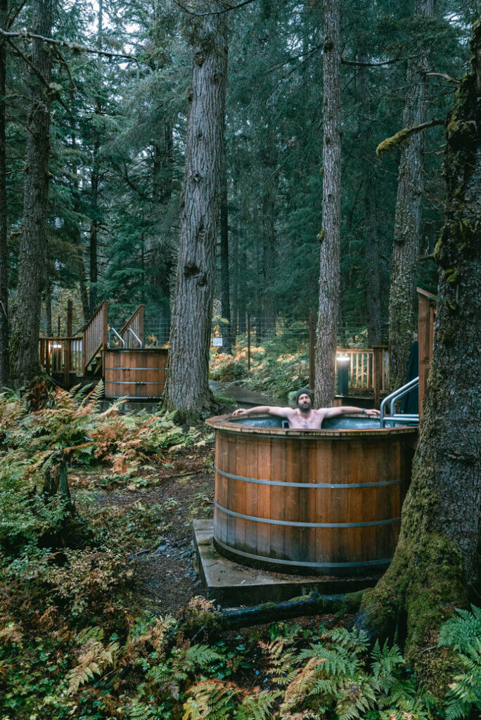 Scott soaking in Alyeska Nordic Spa in Girdwood Alaska