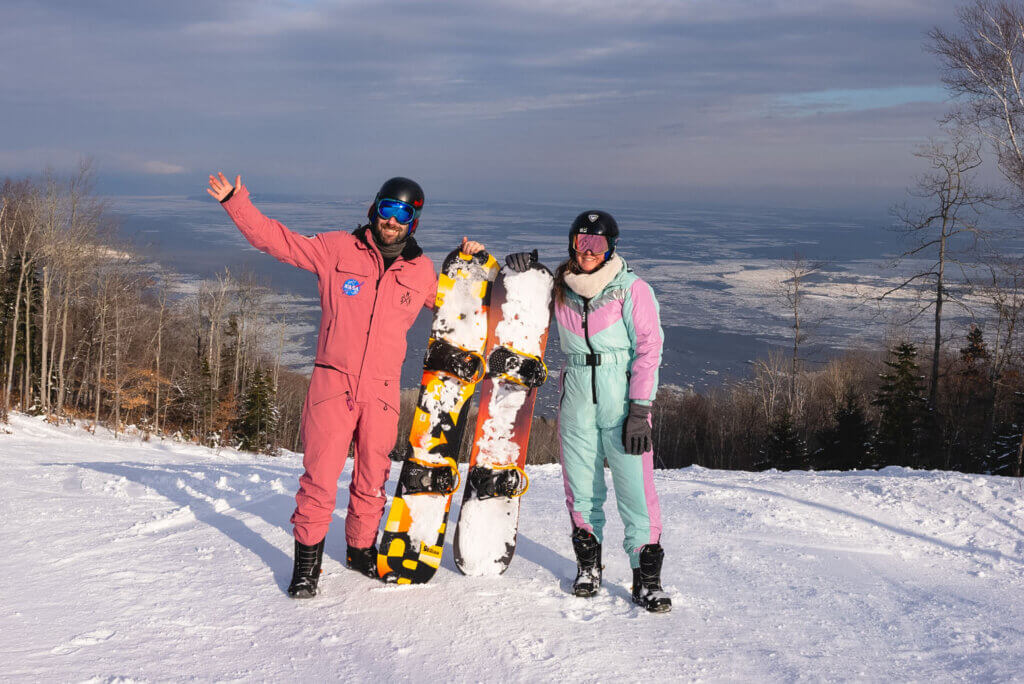 Megan and Scott at the top of the mountain at Le Massif de Charlevoix ski resort in Quebec Canada