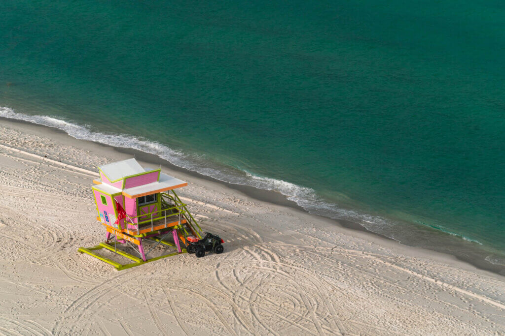 pink lifeguard tower at Miami Beach outside of Eden Roc Hotel
