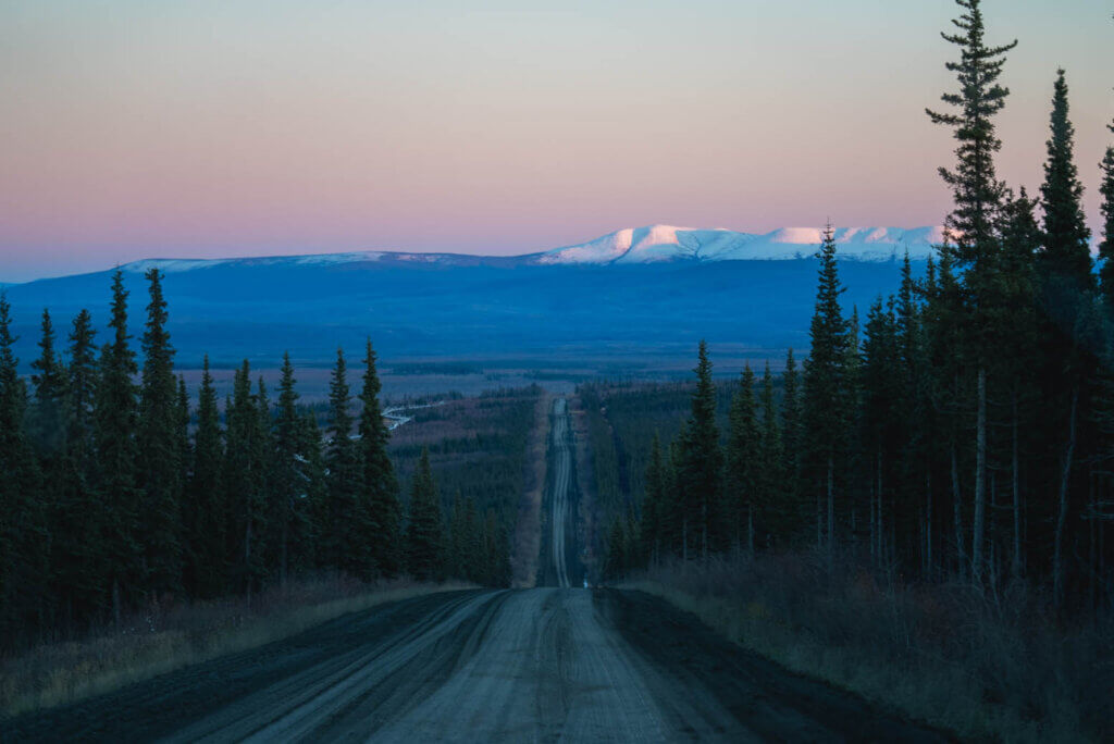 view of the Dalton Highway at dusk in Alaska on an Arctic Circle tour