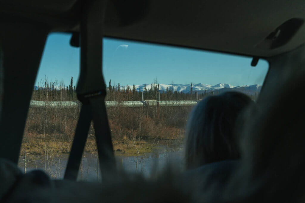 view of the Trans Alaska Pipeline from our vehicle on the Dalton Highway in Alaska