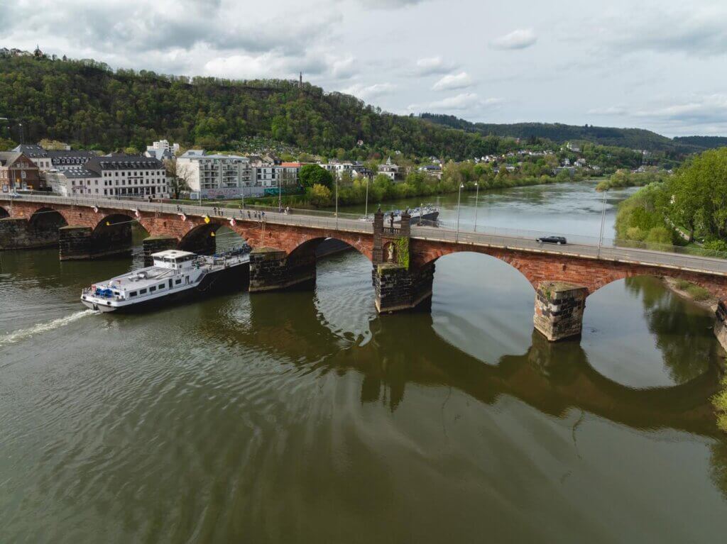 aerial view of the Roman Bridge in Trier Germany over the Moselle