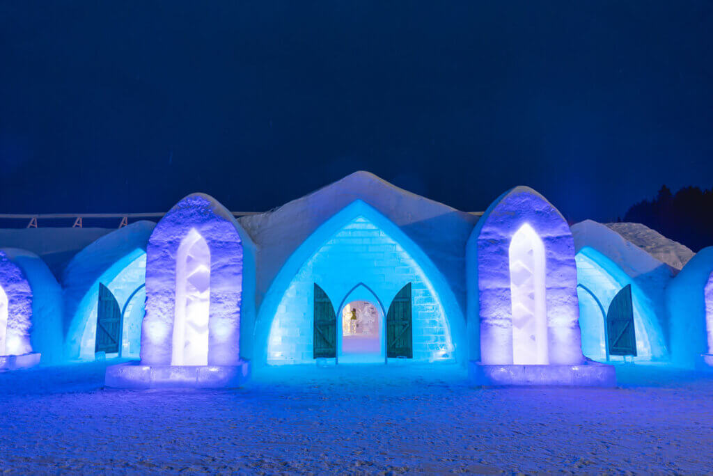 Hôtel de Glace at night in Quebec City Canada