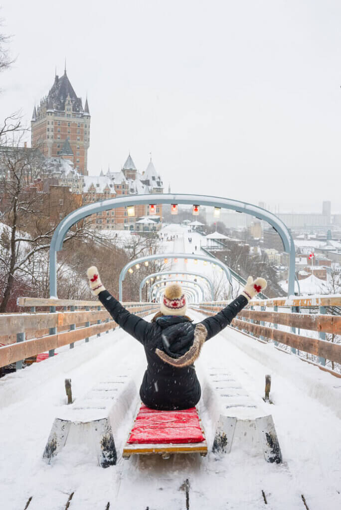 Megan about to go down Au 1884 toboggan in Quebec City in winter
