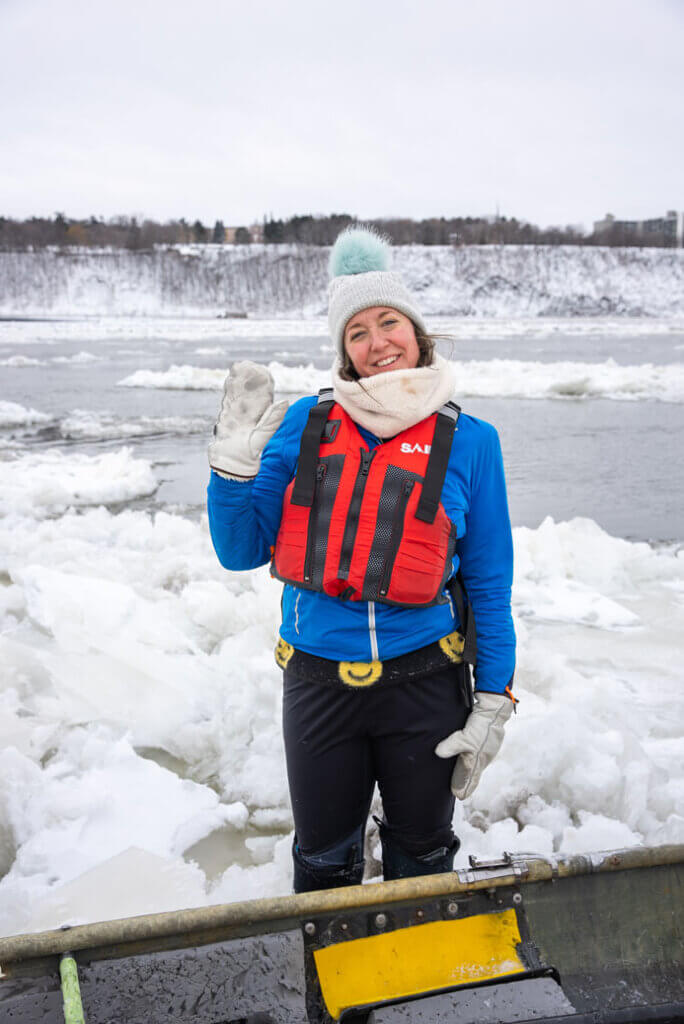 Megan having fun ice canoeing in Quebec City Canada