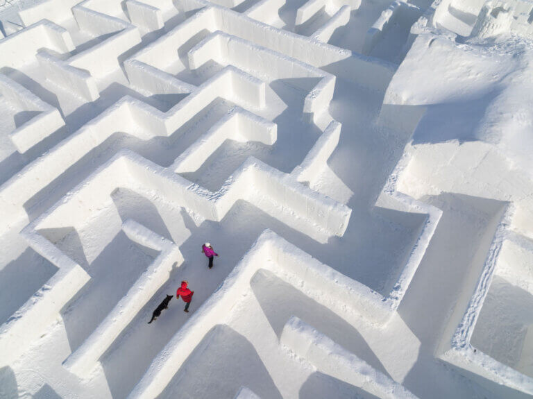 people in the Worlds Largest snow maze in Manitoba Canada