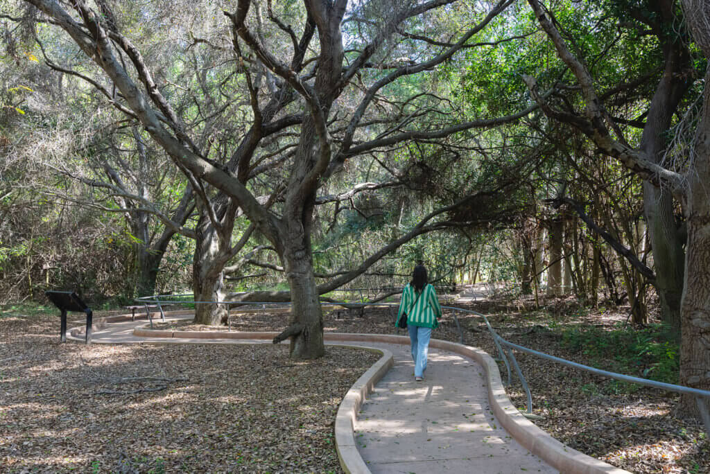 Megan walking on a path in El Dorado Nature Center in Long Beach California