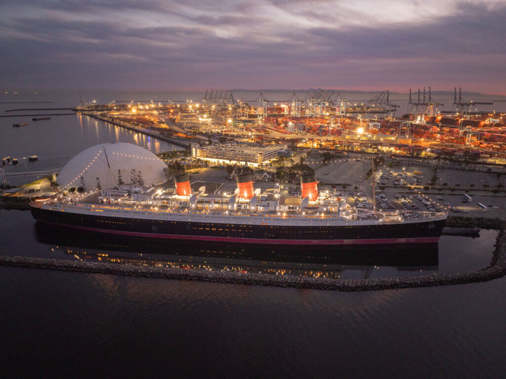 aerial view of The Queen Mary at night in Long Beach