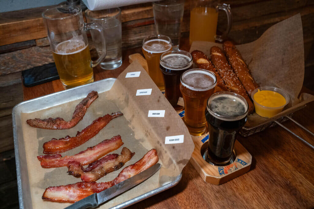 bacon flight and beer flight from Wurst Bier Hall in Fargo North Dakota
