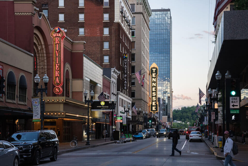 Tennessee Theatre marquee on Gay Street in Downtown Knoxville at dusk