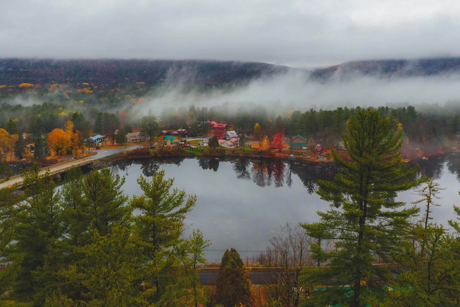 Aerial shot of Wells New York in the Adirondacks in the fall