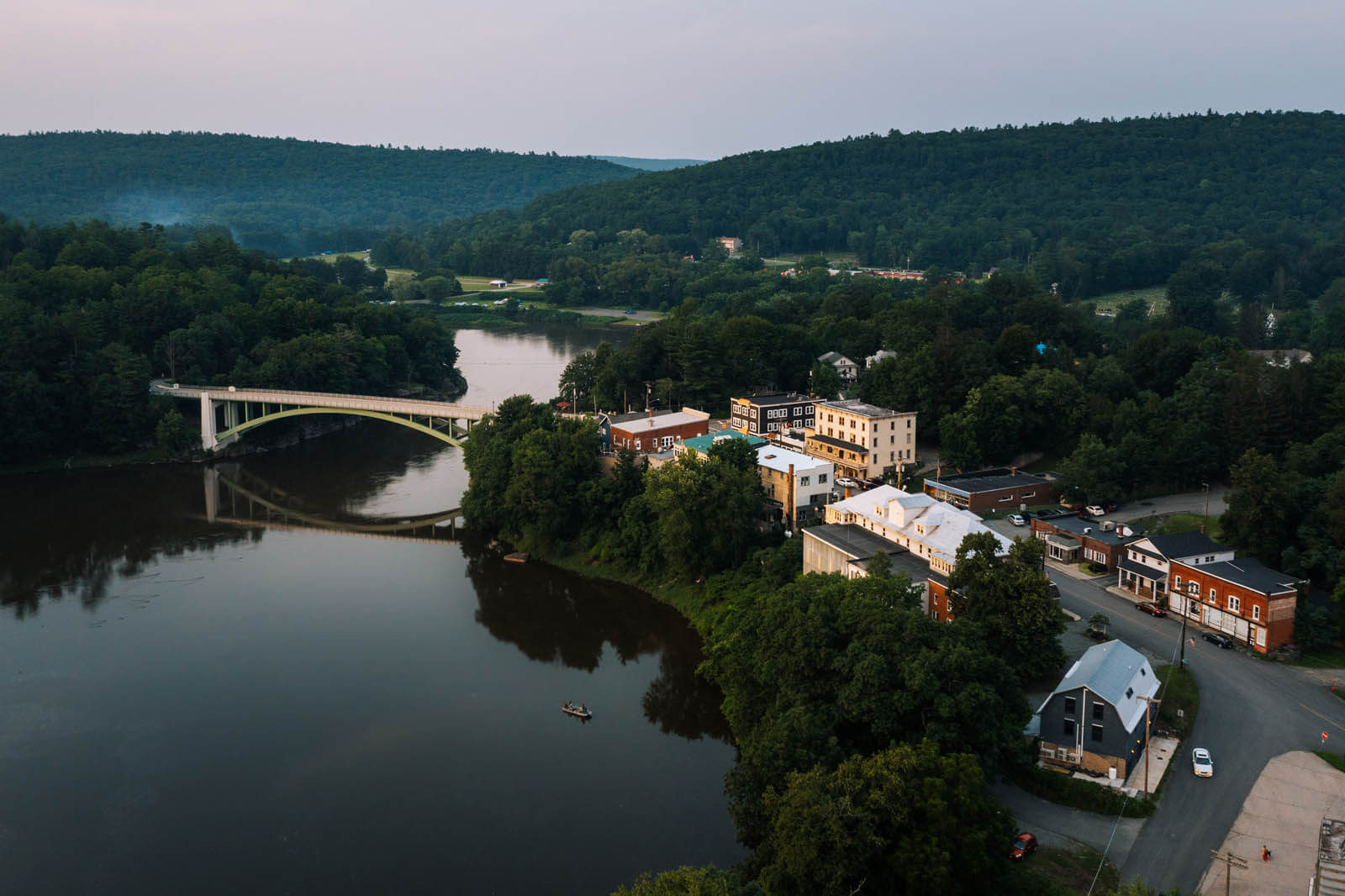 Aerial view of Narrowsburg New York and Pennsylvania in the Catskills