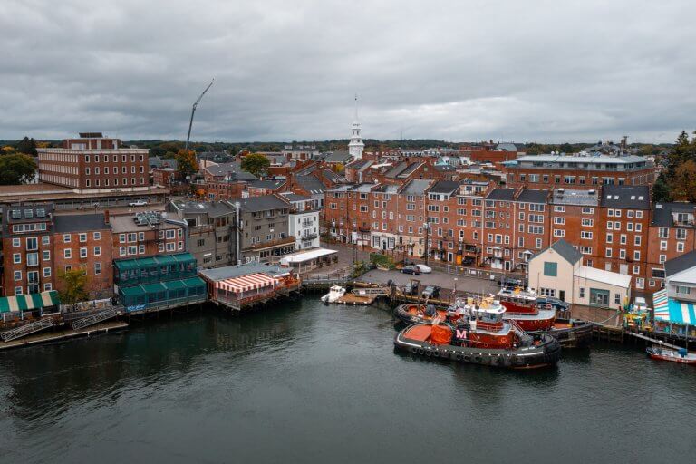 Aerial view of Portsmouth New Hampshire and its famous tugboats on the Piscataqua River