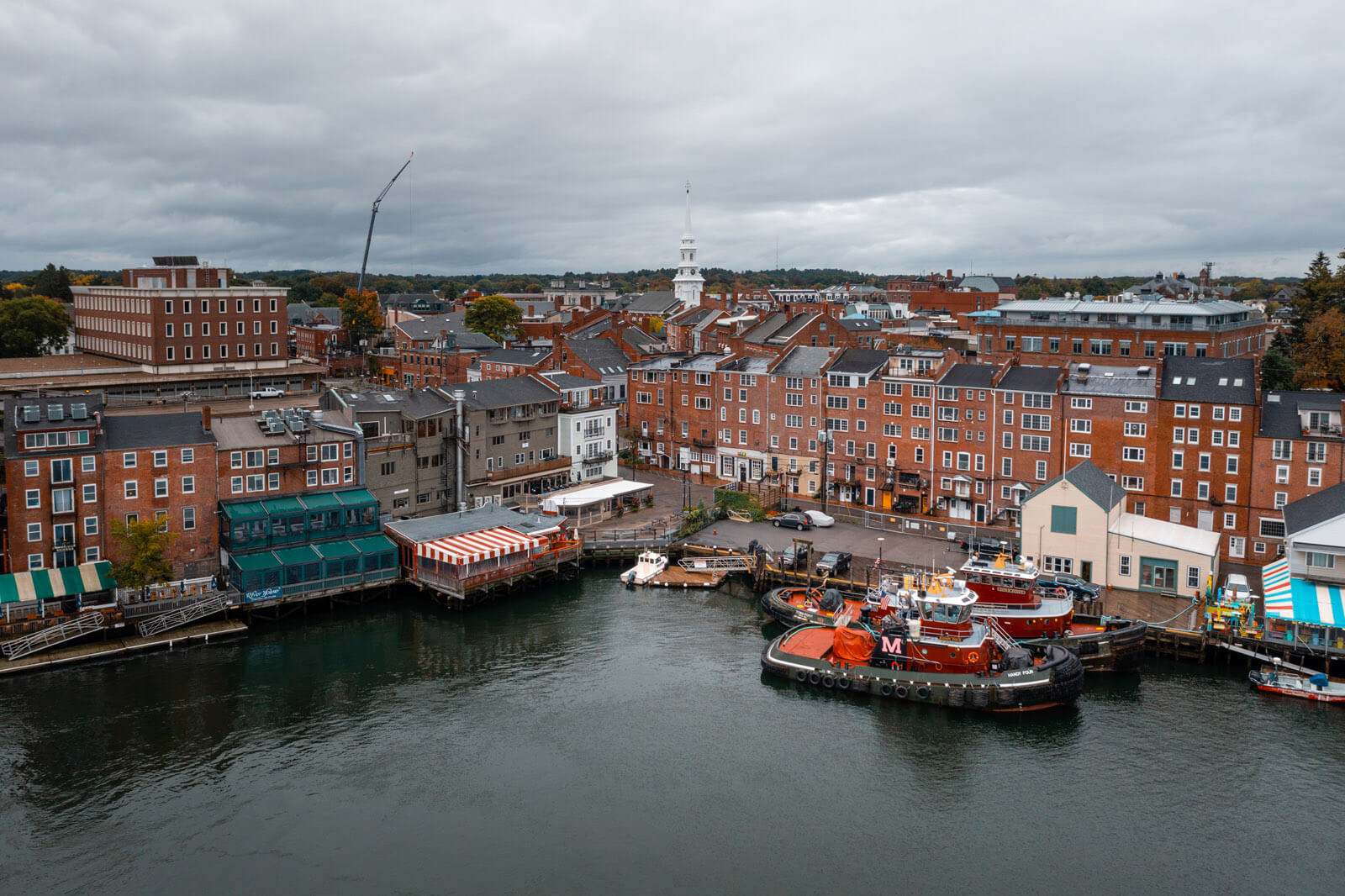 Aerial view of Portsmouth New Hampshire and its famous tugboats on the Piscataqua River