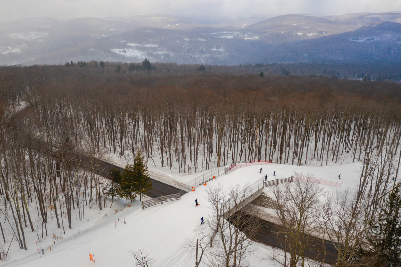 Aerial view of skiiers at Bellayre Ski Resort in the Catskills in the winter in New York