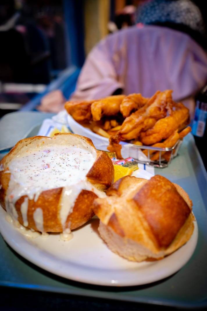 Andrias Clam Chowder in a bread bowl and fish n chips basket