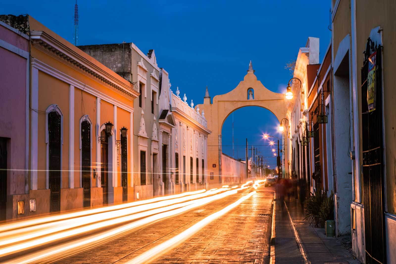 archway in Merida mexico with light trails