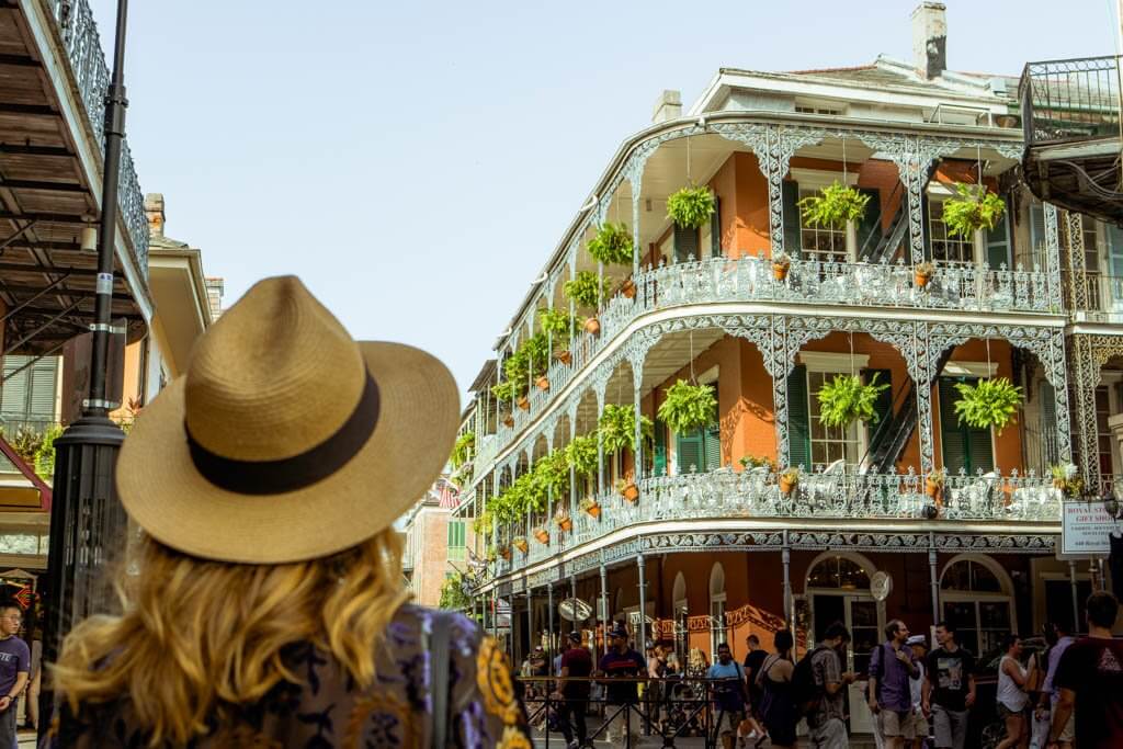 Megan admiring the beautiful balconies in the French Quarter of New Orleans