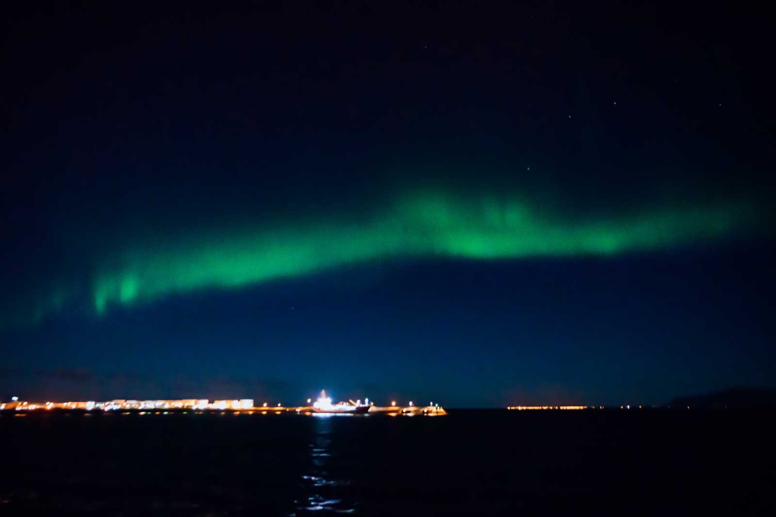 Northern Lights seen from cruise in Reykjavik harbor