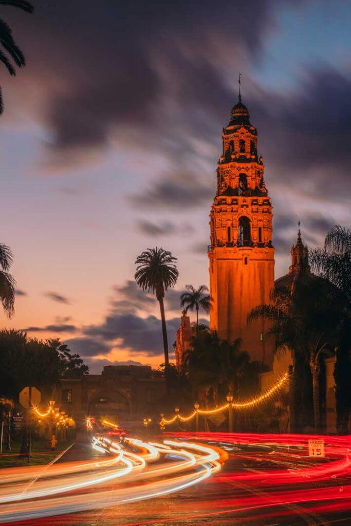 light trails at night at Balboa Park in San Dieog