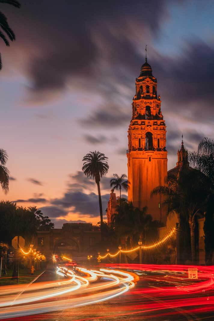 light trails at night at Balboa Park in San Dieog