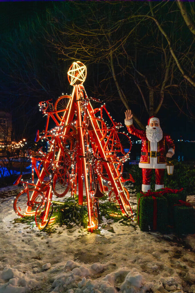 Bicycle Thief in Halifax Nova Scotia Christmas decorations and bicycle Christmas Tree