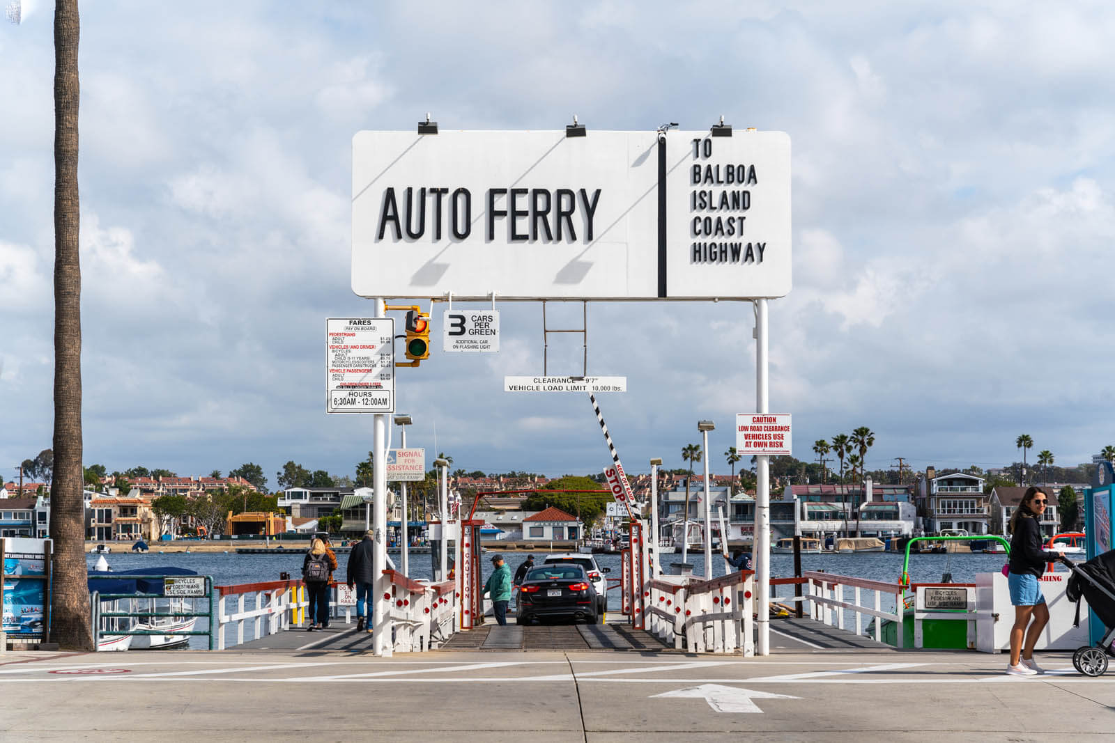 Boarding the Balboa Auto Ferry at Newport Landing in Newport Beach California