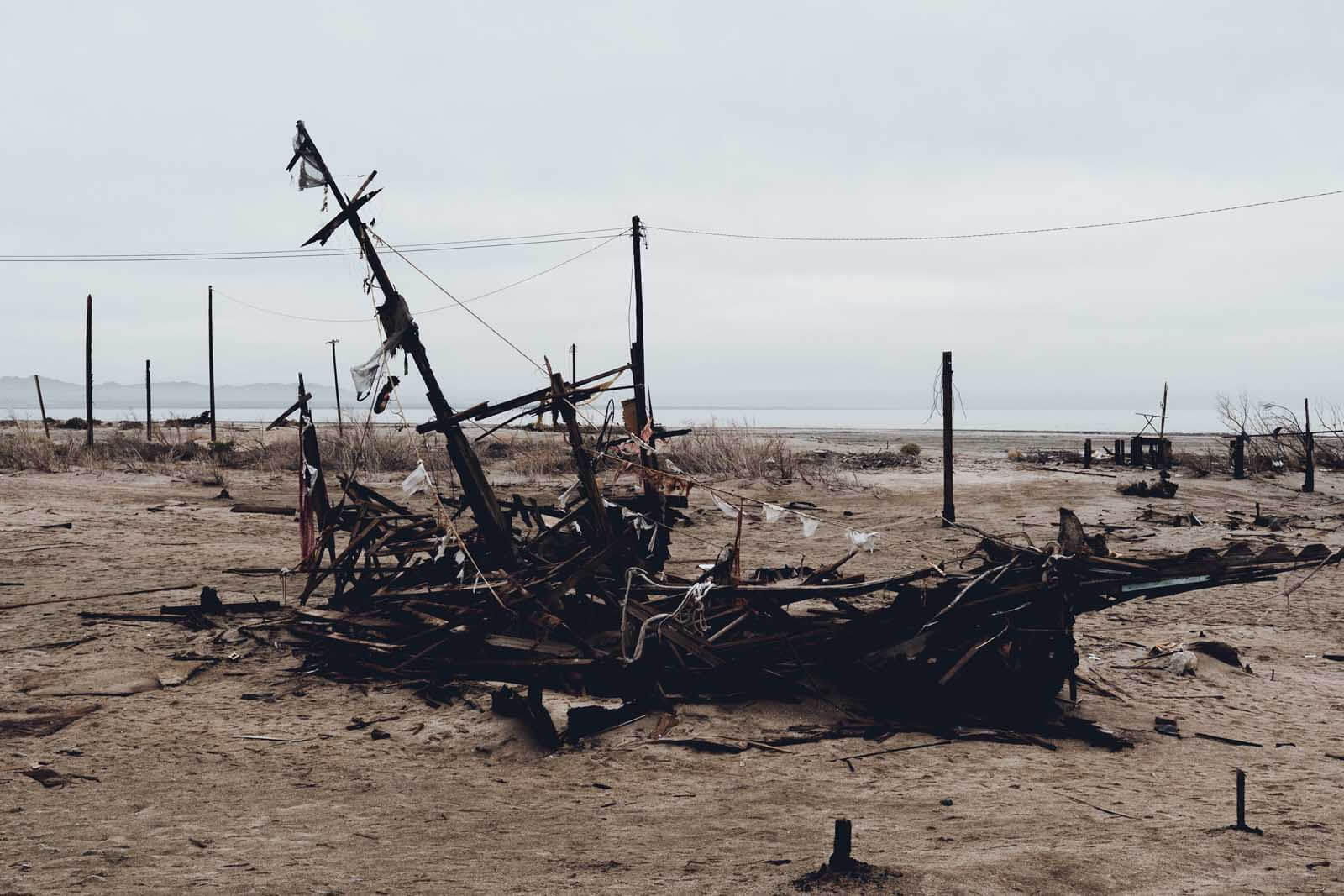 shipwreck installation at bombay beach ruins on the Salton Sea California