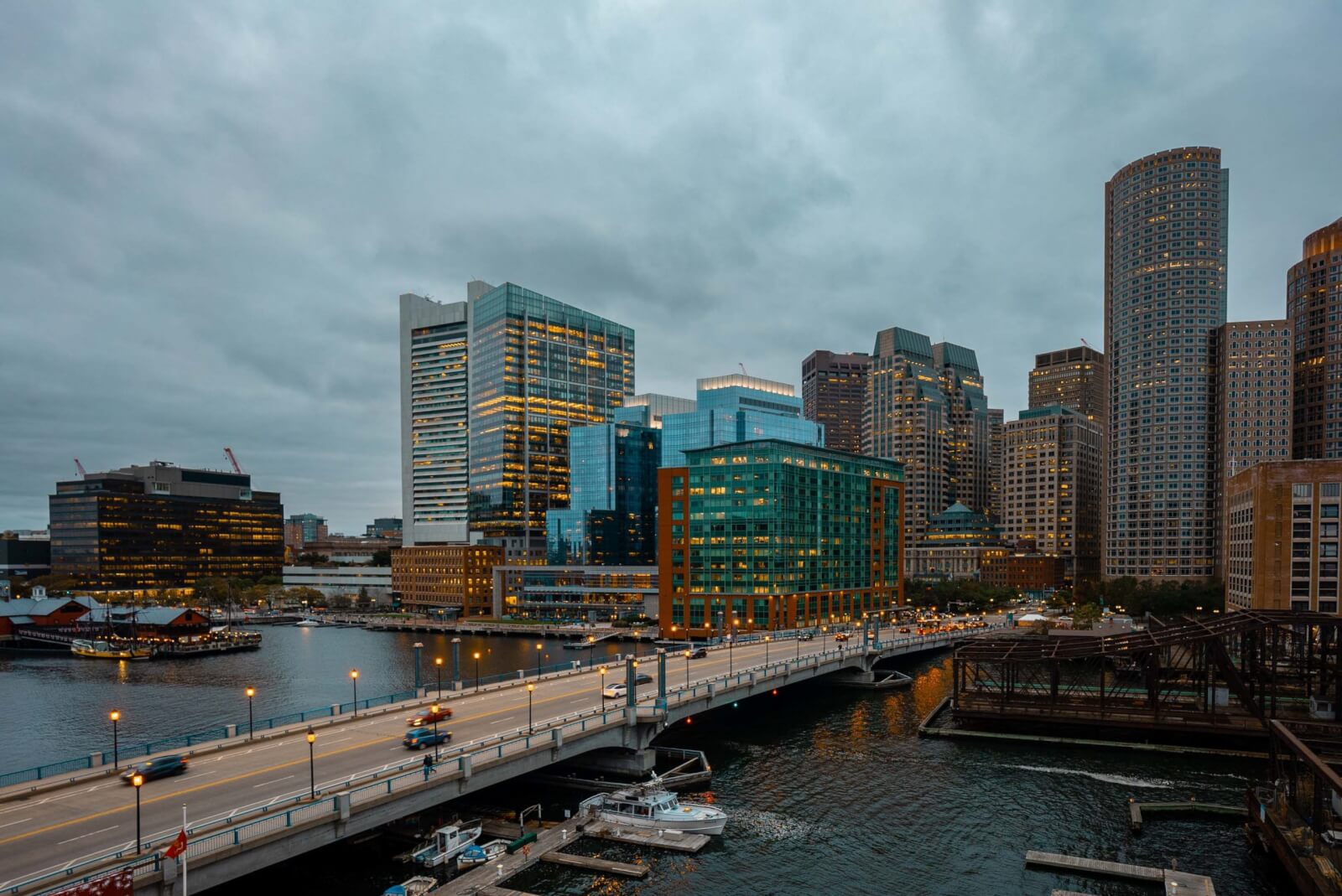 Boston Harbor at sunset in Massachusetts