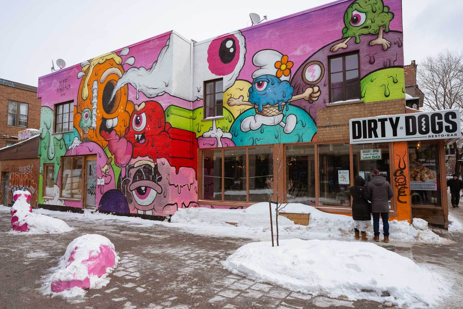 Buff Monster Mural on Saint Laurent in Plateau in Montreal