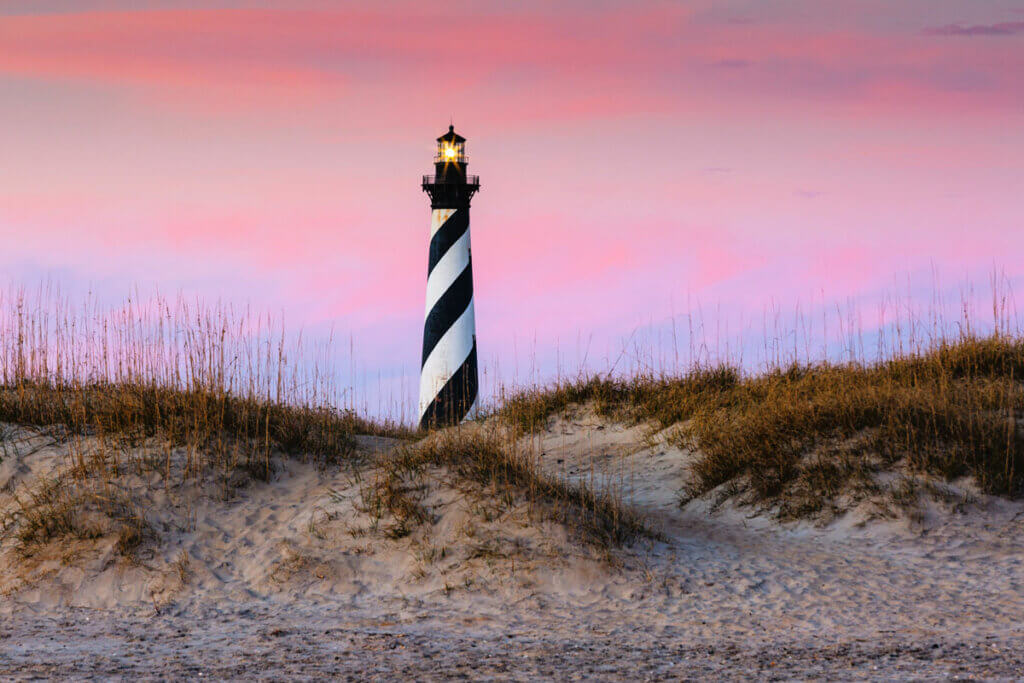 Cape-Hatteras-Lighthouse-in-Outer-Banks-North-Carolina-at-sunset