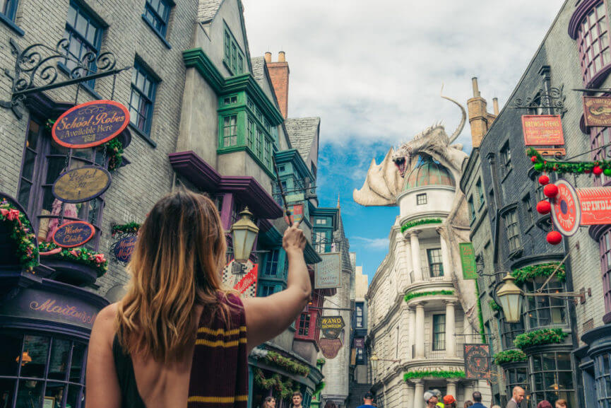 Casting spells in Diagon Alley at Wizarding World of Harry Potter