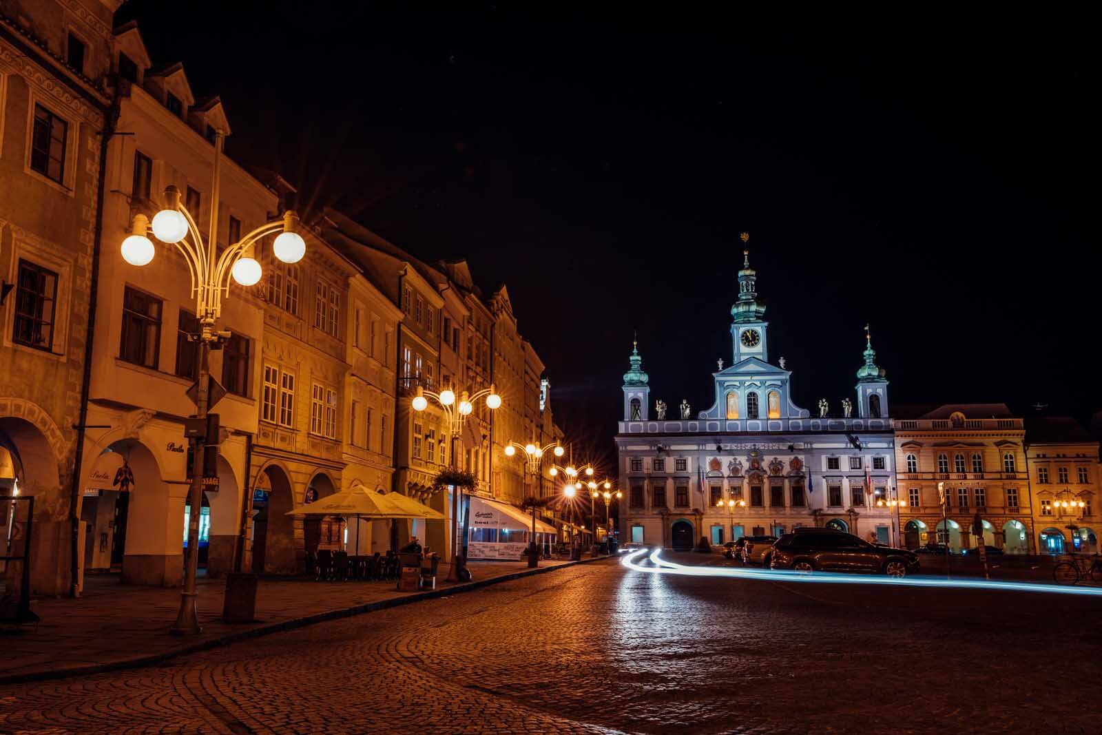 Ceske Budejovice town hall at night in the Czech Republic