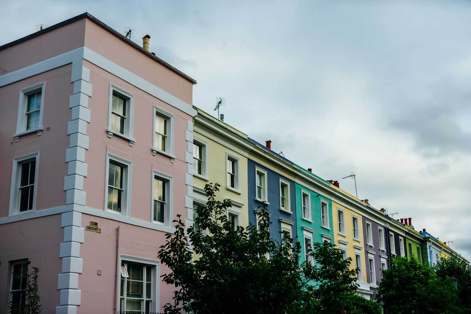 Colorful homes of Elgin Road in Notting Hill London