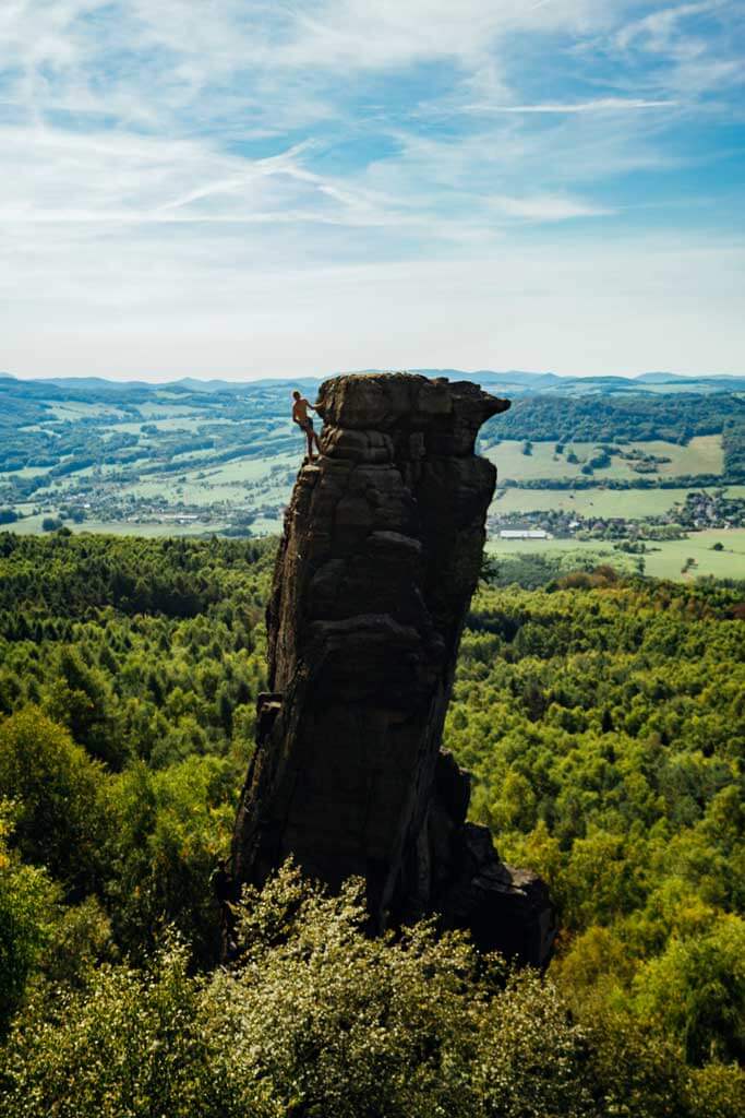 Rockclimbers on Doga Rock near Tisa in Bohemian Switzerland National Park