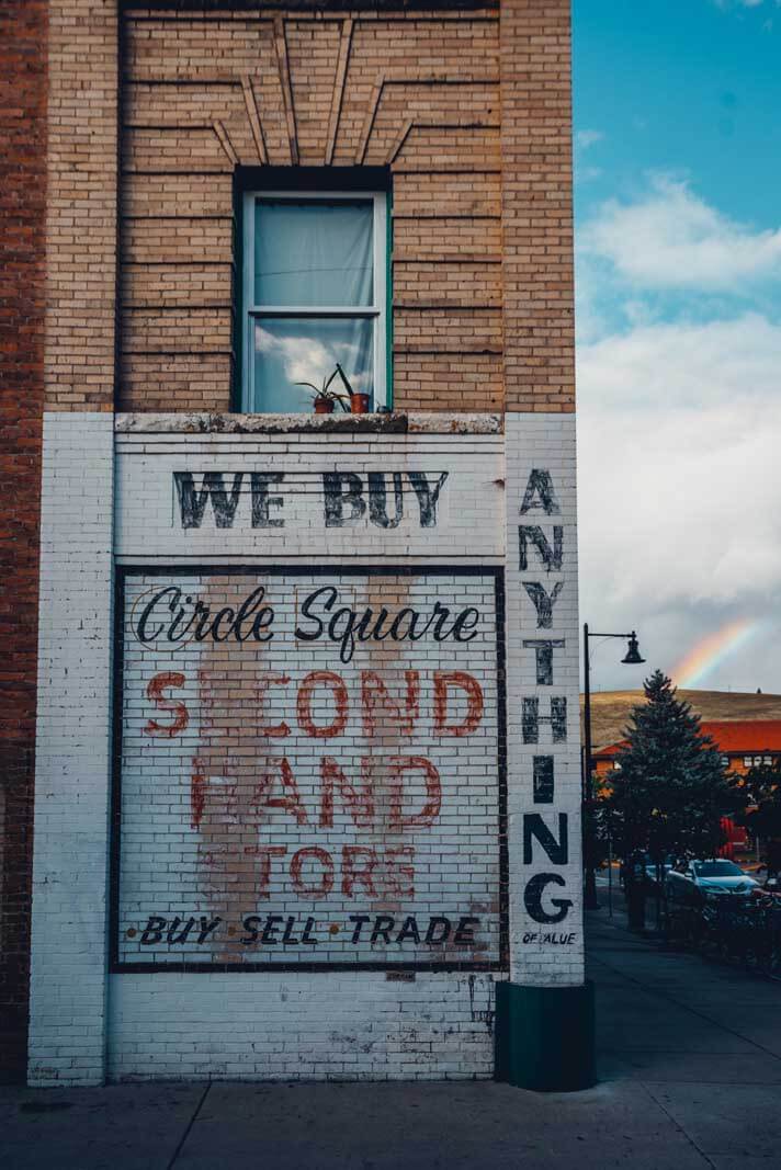 Downtown Missoula second hand shop and rainbow