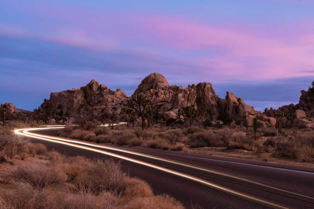 car light trails in Joshua Tree National Park