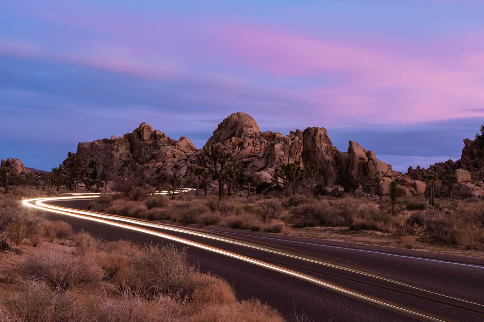 car light trails in Joshua Tree National Park