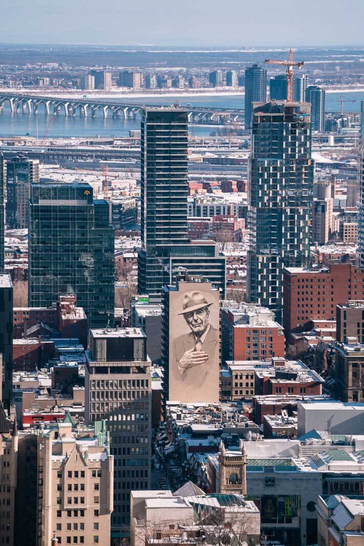 Famous Leonard Cohen mural in Montreal view from Mont Royal