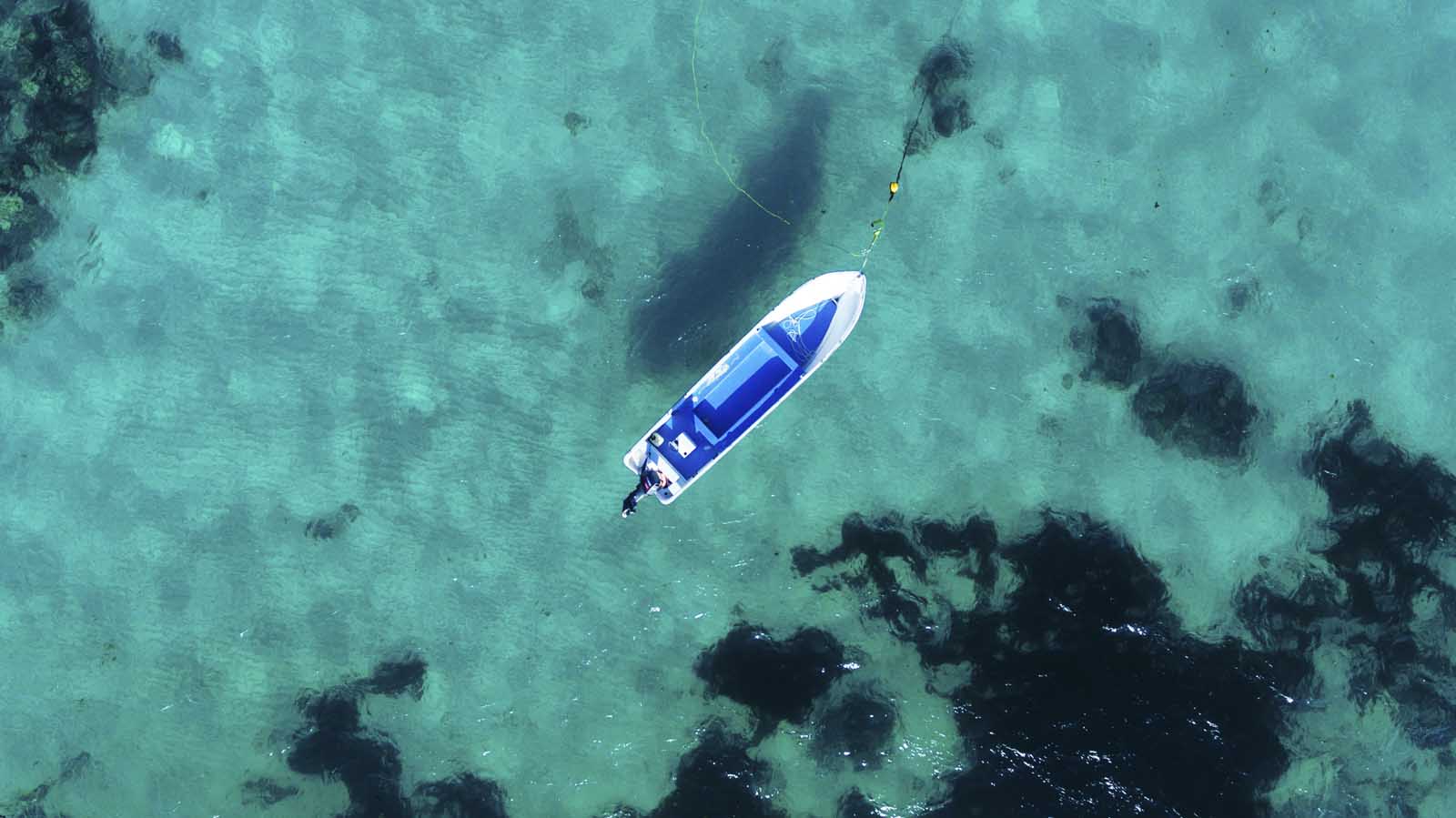 Boat floating in clear waters in Tulum