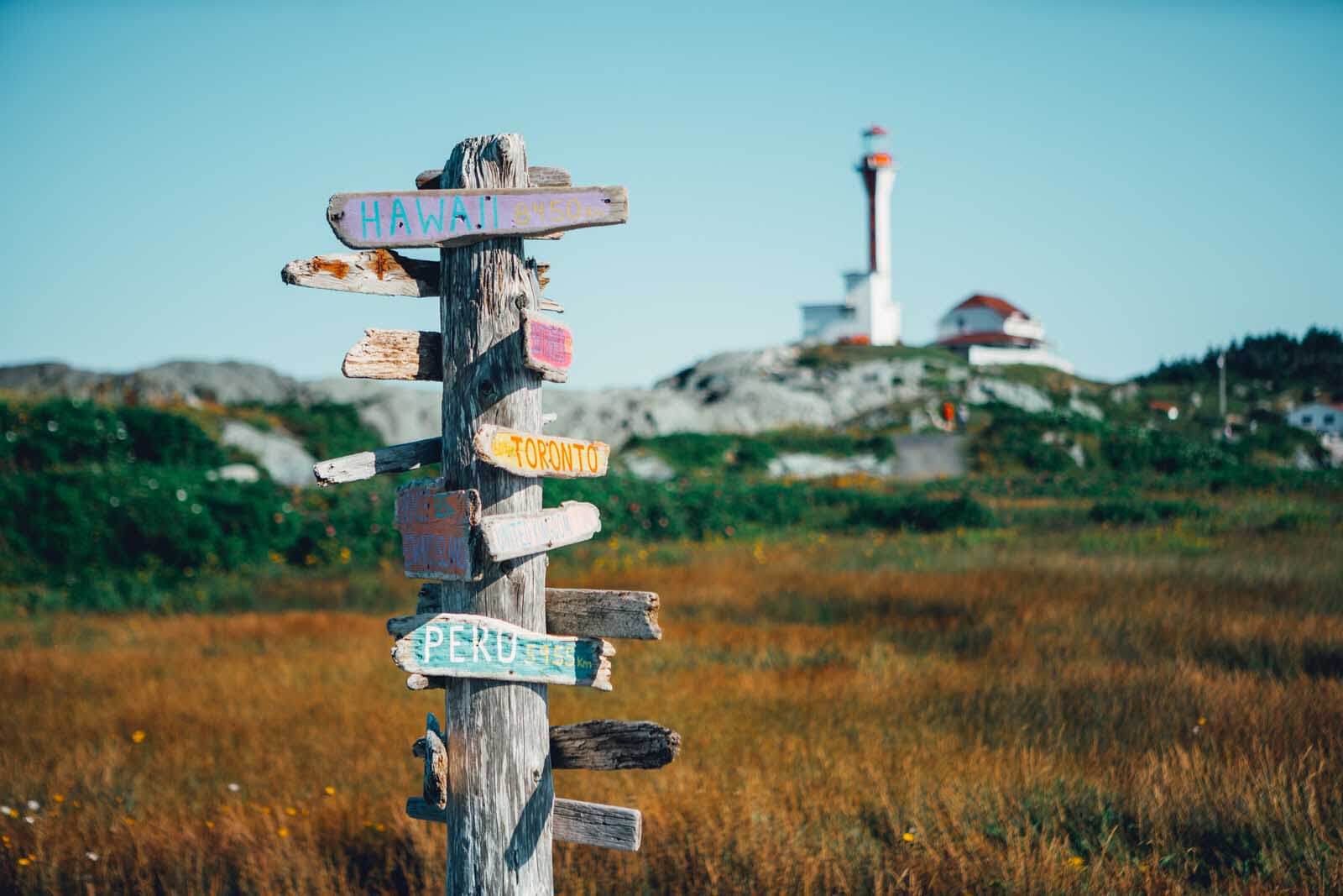 sign pointing how far cities around the world are at Cape Forchu Light Station Leif Ericcson Trail in Nova Scotia