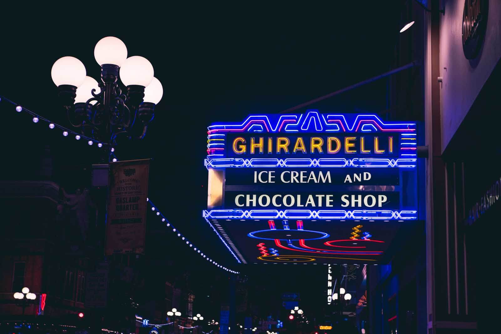 Ghiradelli neon sign in th eGaslamp District San Diego