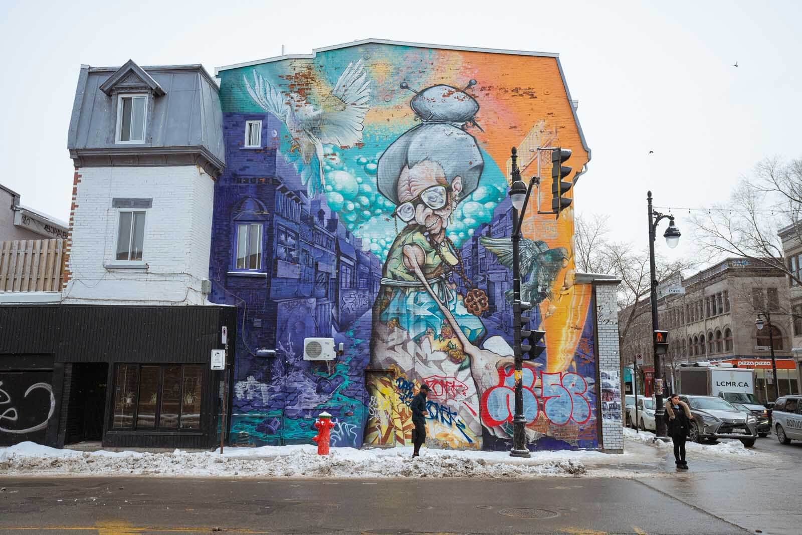 Graffiti Grandma in Montreal on Saint Laurent Boulevard