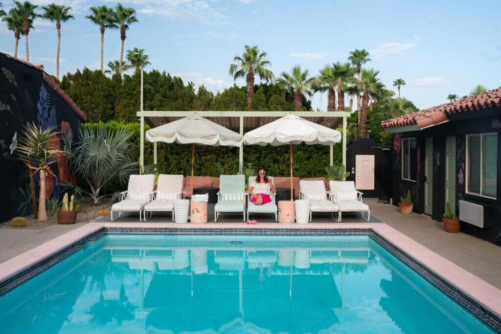 Hanging out poolside at Fleur Noire Hotel in Palm Springs California