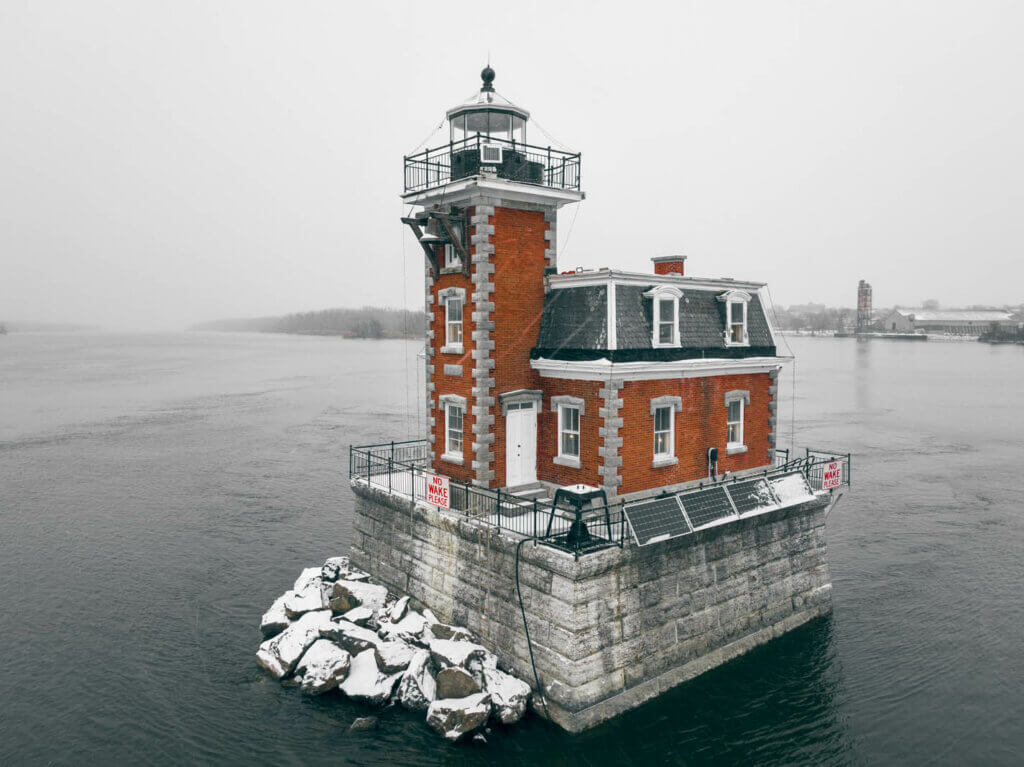 Hudson Athens Lighthouse in the Hudson River in Hudson NY