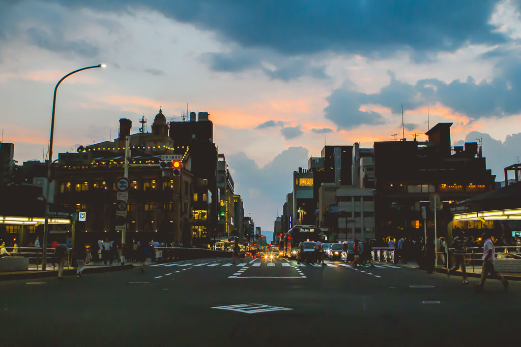 buildings at sunset in kawaramachi kyoto