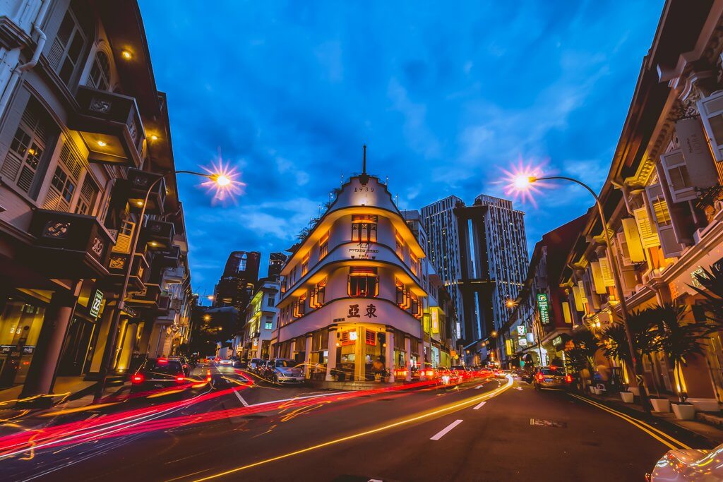 long exposure of singapore at night on Keong Saik Road in Chinatown