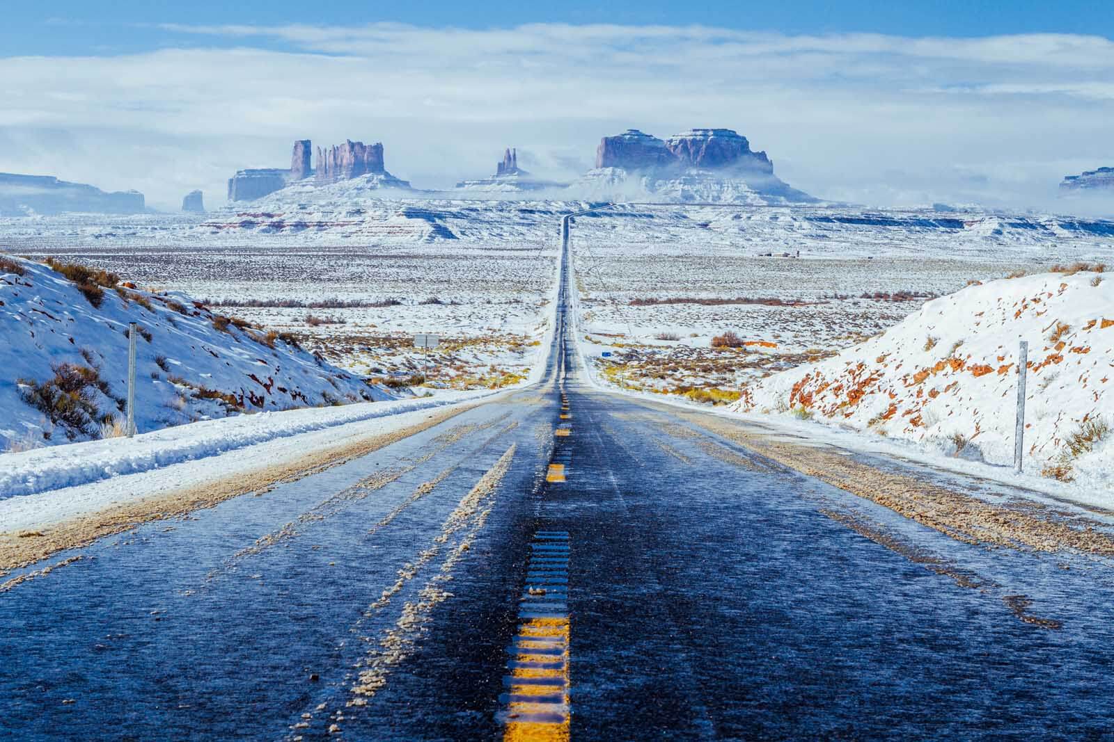 Monument Valley down the road with a blanket of snow