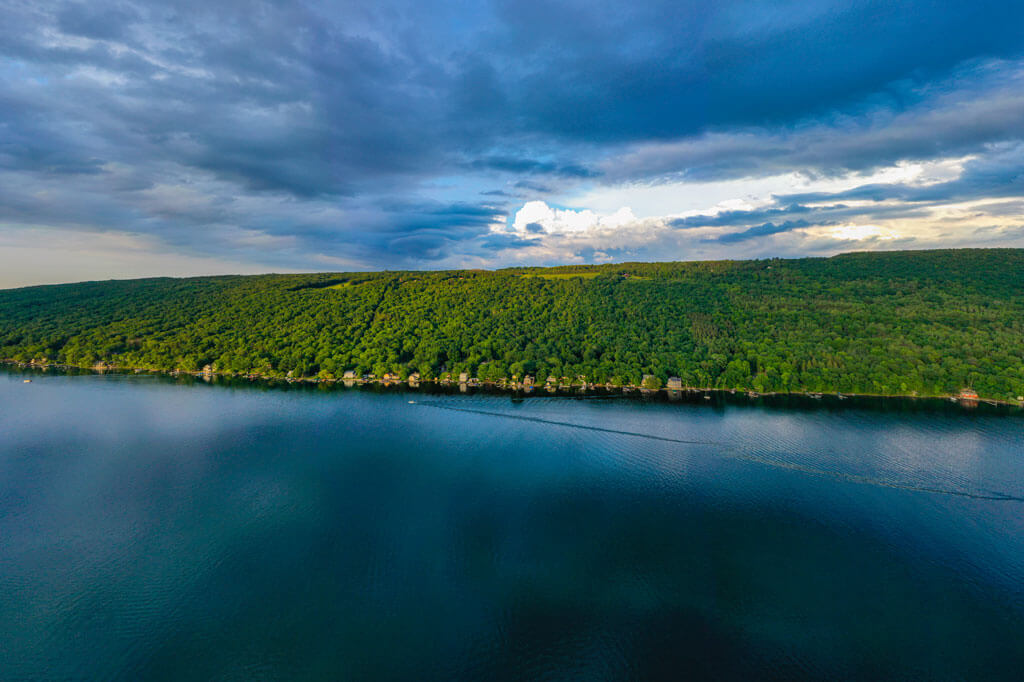 Aerial shot of Keuka Lake at dusk